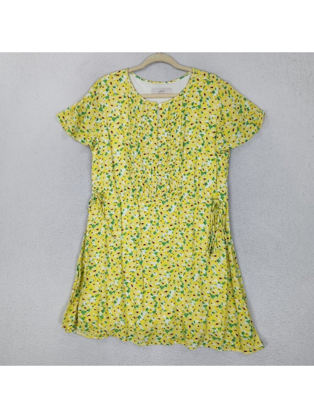 LOFT Dress Womens Large Yellow Floral Short Sleeve Button Front Lined Shirt Mini